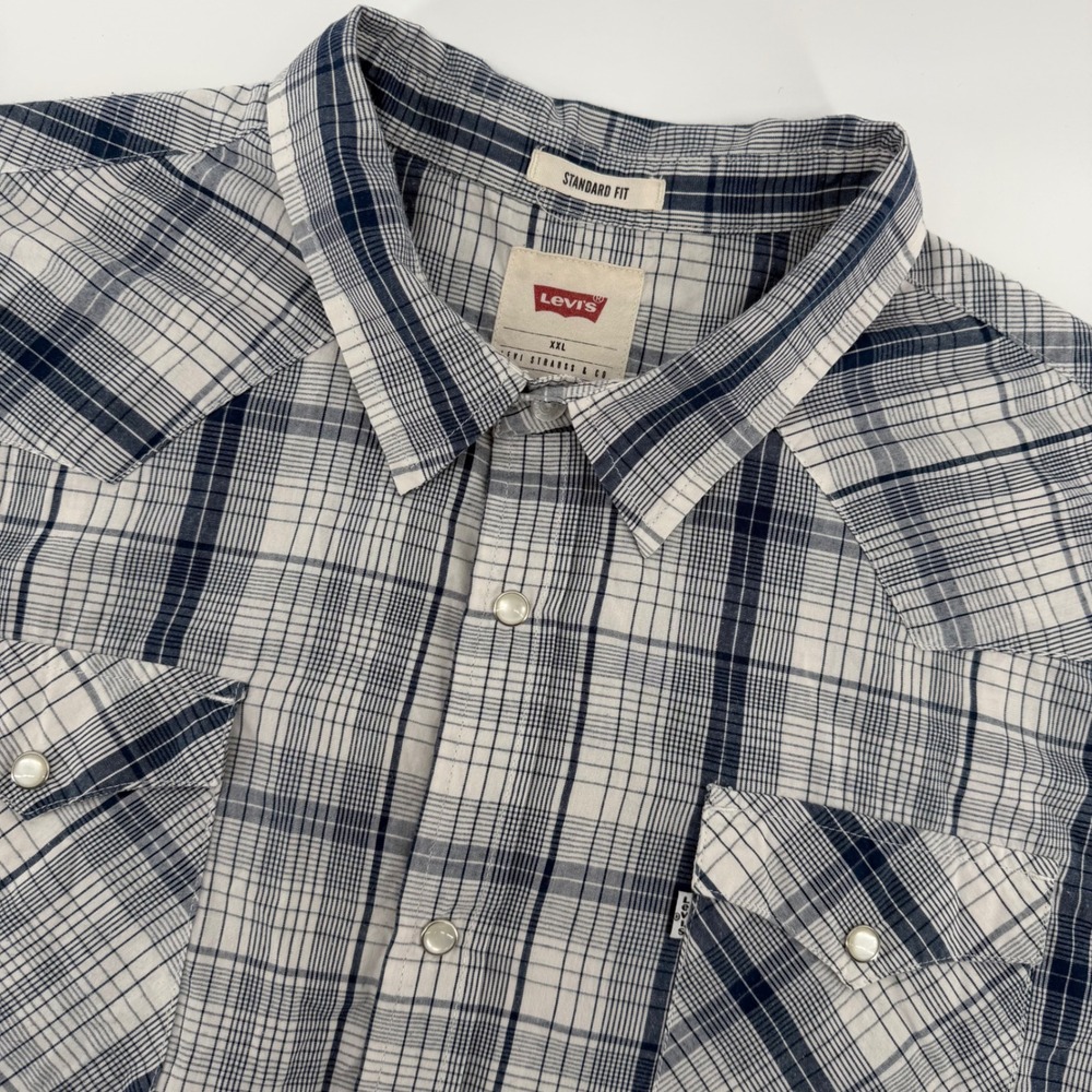 Levis Western Pearl Snap Shirt Mens XXL Blue White Plaid S/S Standard Fit